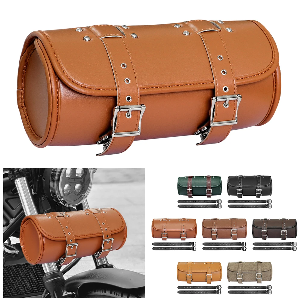 

for Harley Sportster XL Softail Honda Yamaha Motorcycle Universal Fork Bag Leather Saddlebags Tool Bag Storage Pouch