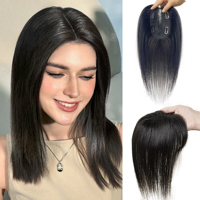 9*14cm Lace Hairnet Women Topper With Clip In 100% Real Human Hair Hairpiece Breathable Natural Women Toupper Black Brown Color