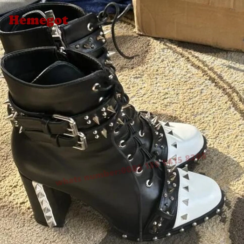 

Studded Buckle Chunky Heels Ankle Boots Round Toe Rivet Lace Up Women's Short Booties Two-Tone Side Zipper Casual Shoes Luxury