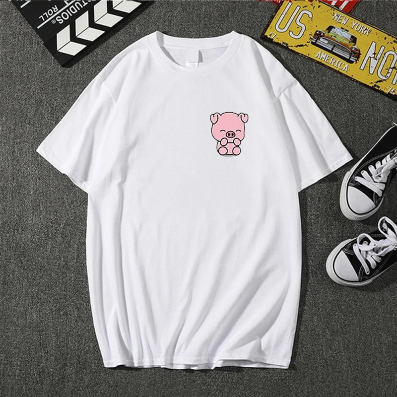 

T-shirt Graphic Printed T Shirt Free Pink Pig Women Short Sleeve Cute Tshirt Valentine's Day Heart Woman Tee