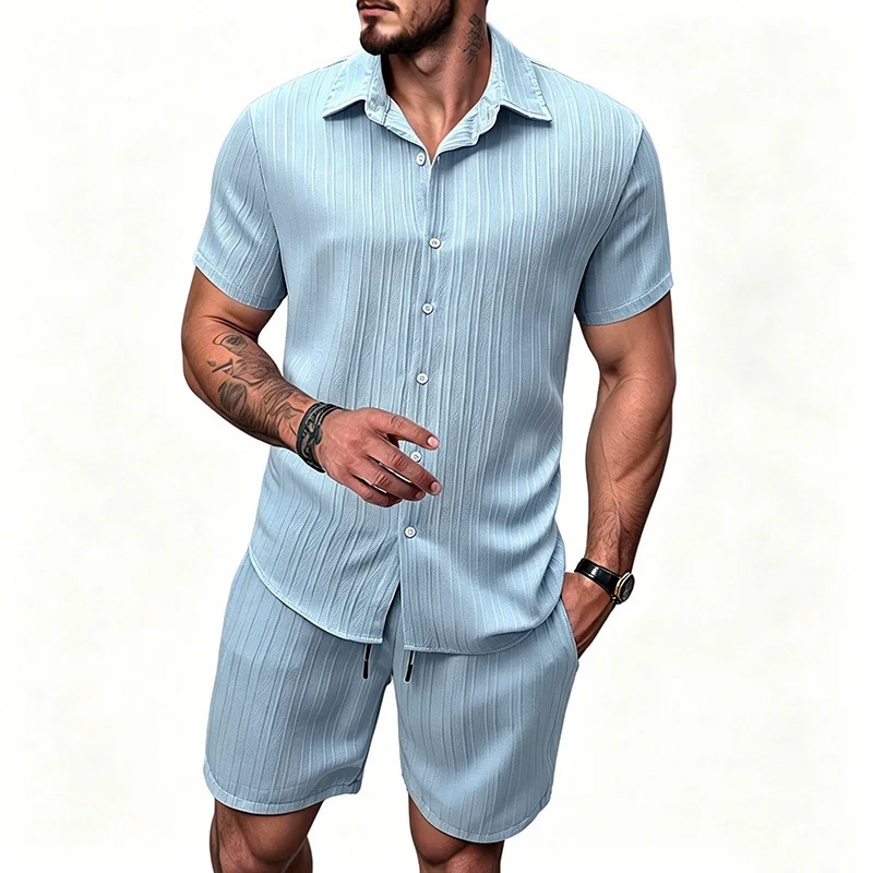 2026 New Men Vertical Wrinkle Lapel Short Sleeve Shirt Shorts 2 Piece Set Regular Fit Summer Beach Daily Casual Matching Outfit view 2