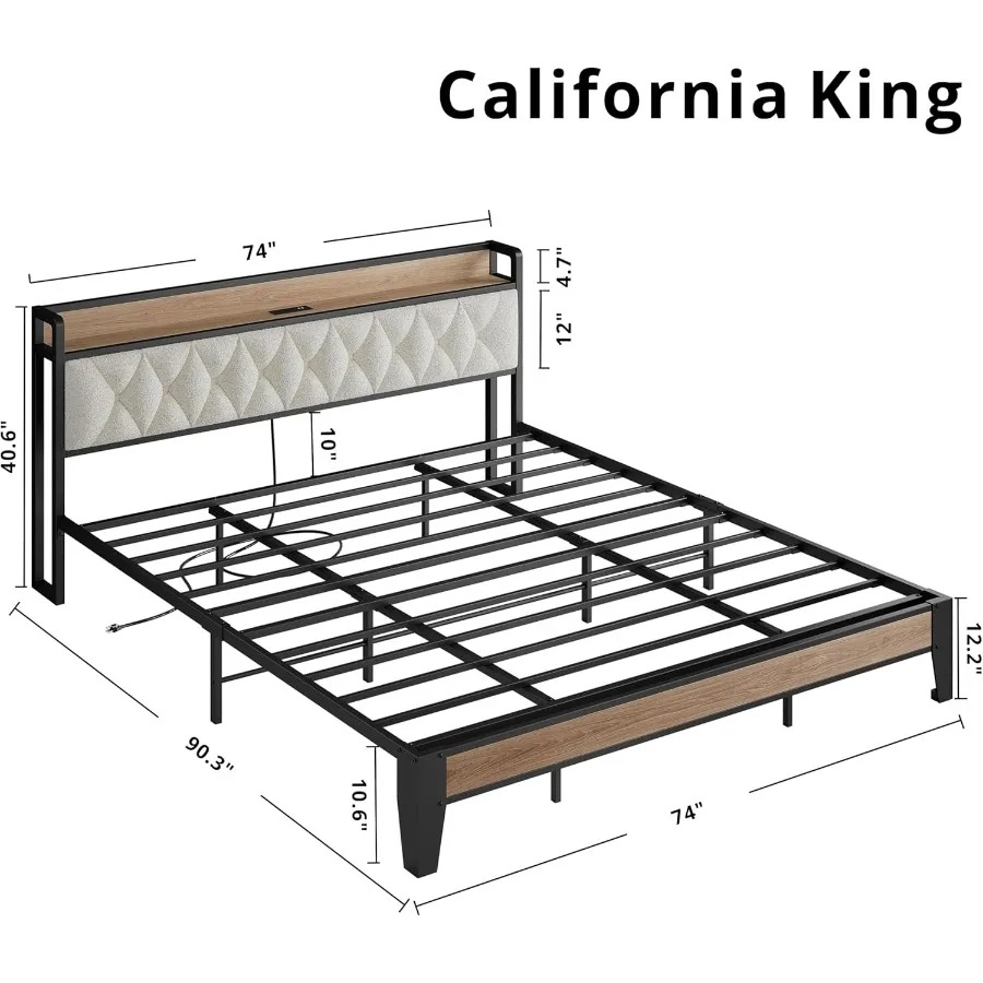 إطار سرير كينج كاليفورنيا مع لوح رأسي للتخزين المتكامل وإطار سرير بمنصة شحن مدمجة يتميز بمتين #2