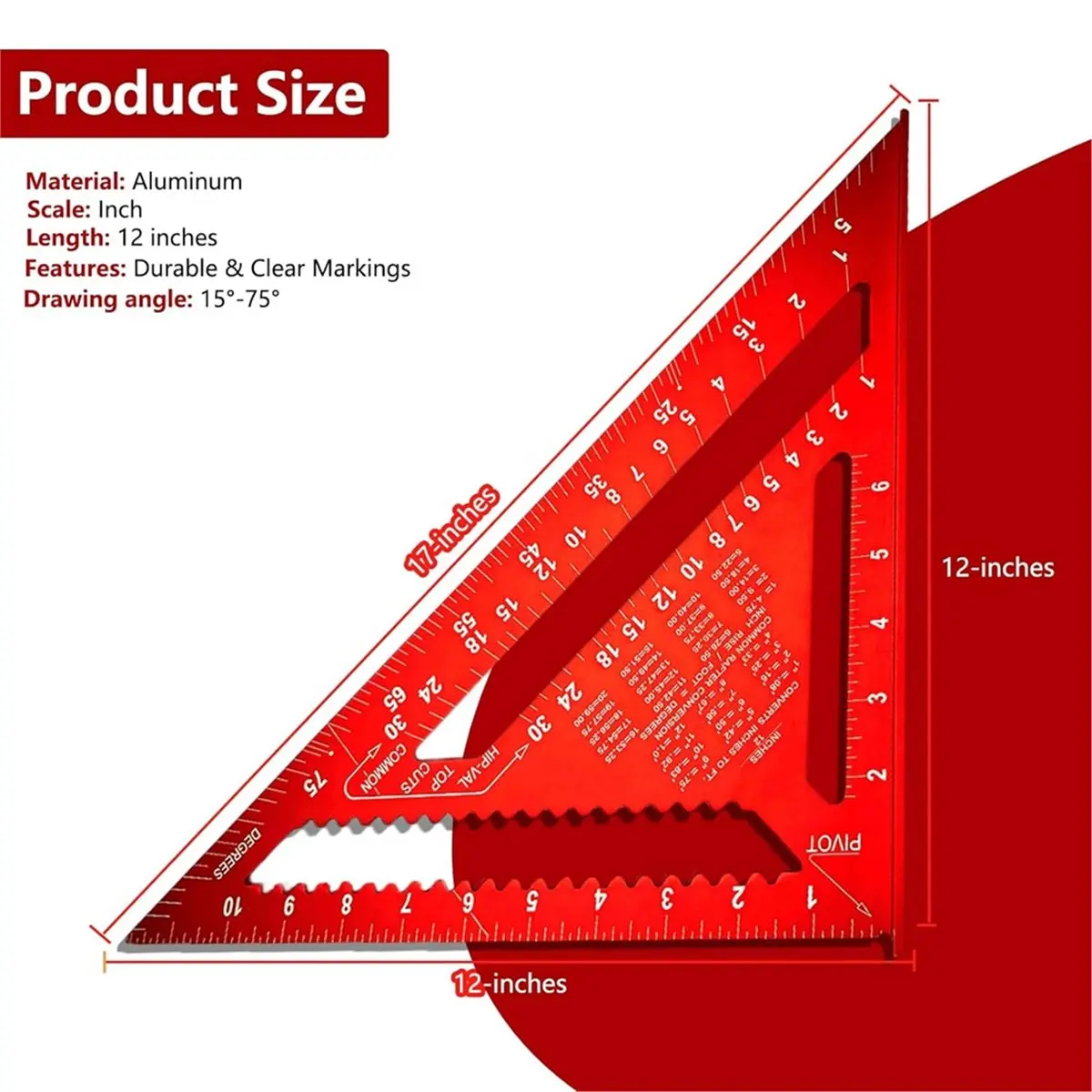 Carpenter Square 12 Inch Aluminum Rafter Square Carpenter for Woodworking, Sturdy Angle Drawing Measuring Ruler
