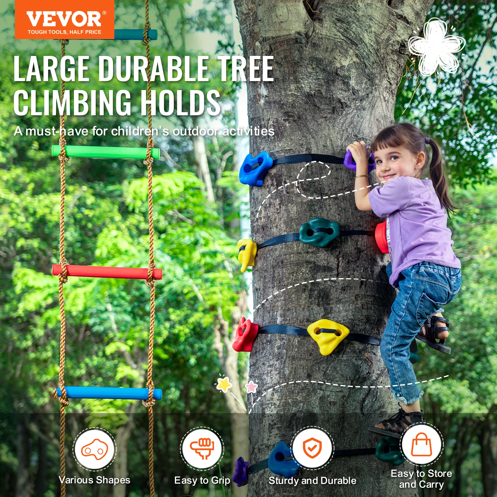 VEVOR Ninja Tree Climbing Kit 12 Tree Climbing Holds 6 Ratchet Straps and a Climbing Ladder Climbing Rocks for Kids and Adults