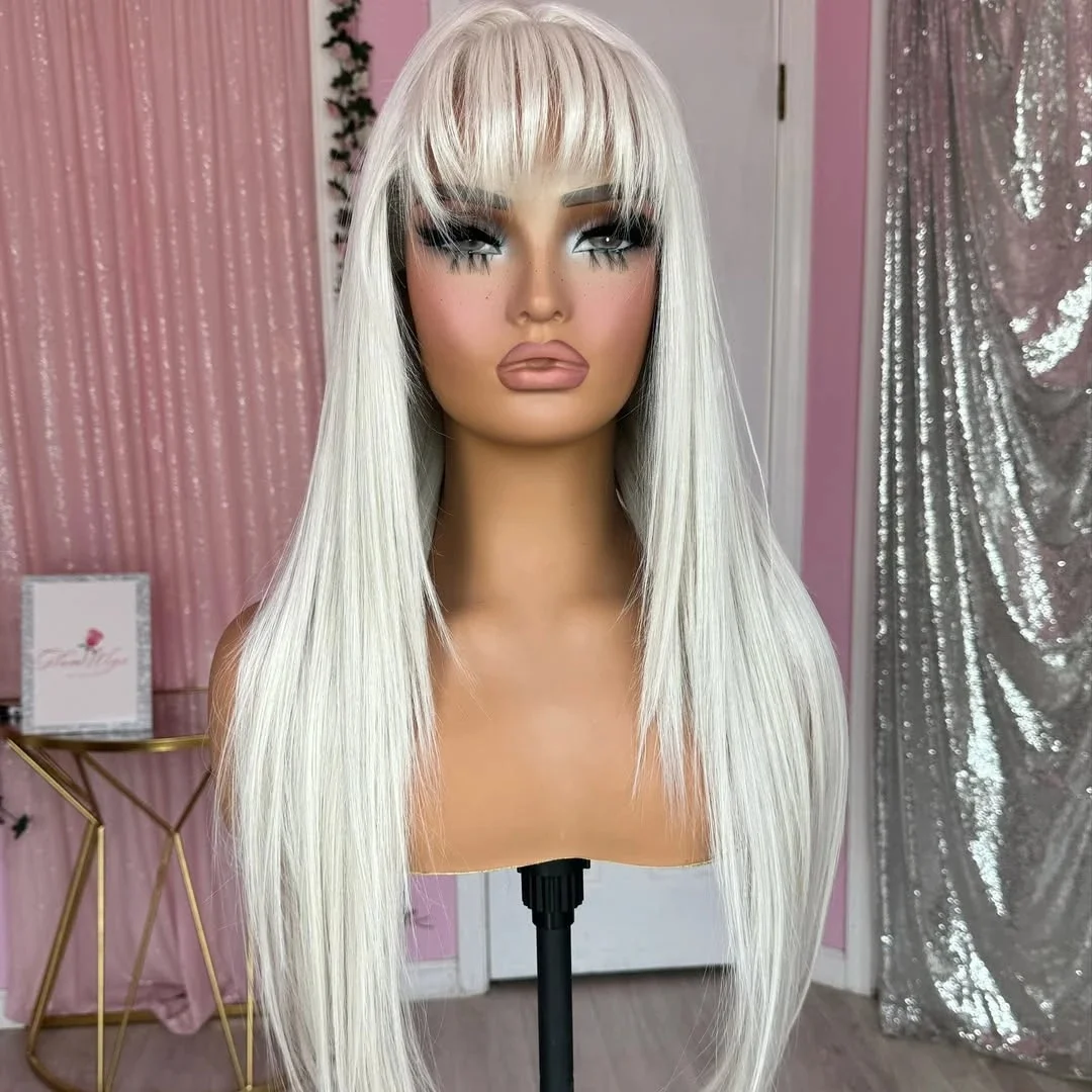 Platinum White Wig Layered Lace Front Wig With Bangs 13x4 HD Pre Plucked Glueless Synthetic And Blend Cosplay perruque For Women
