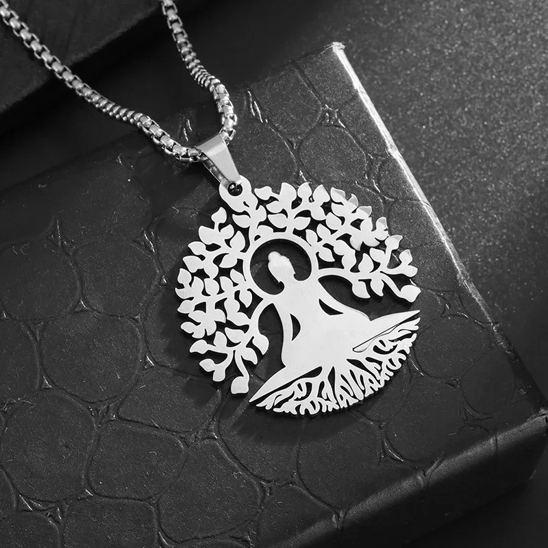 Stainless Steel Buddha Bodhi Tree Necklace Pendant for Men and Women Religious Blessing Auspicious Jewelry Gift