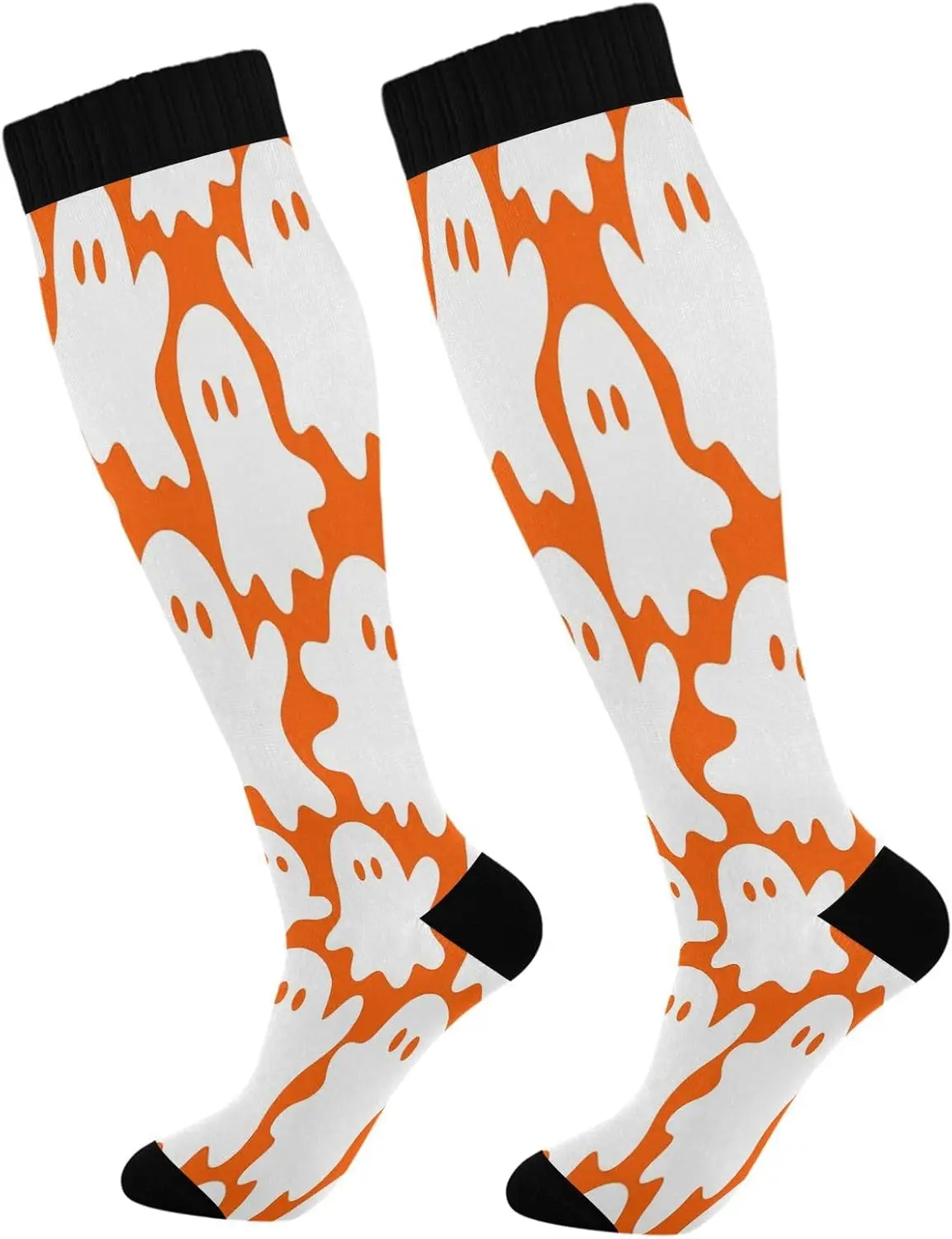 Cute Orange Background White Ghost Pattern Knee High Socks, Halloween Spooky Cartoon Ghost Printed Long Socks