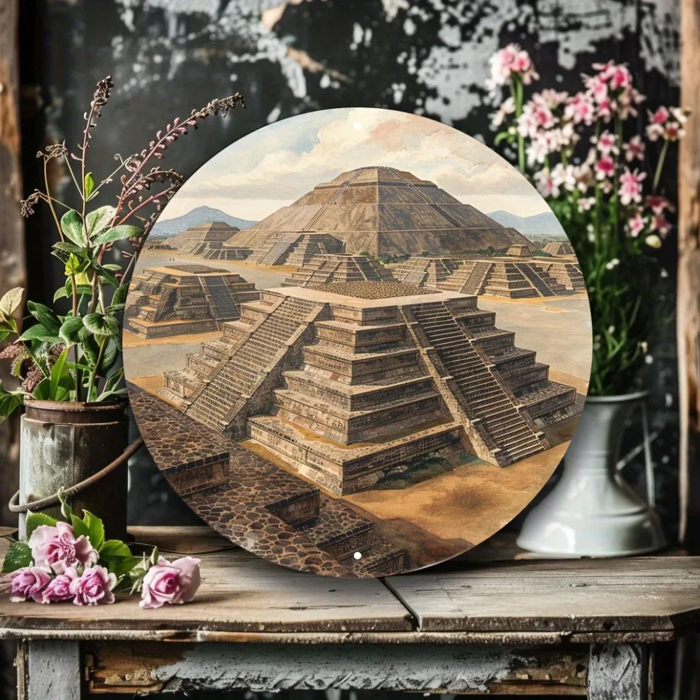 Letrero de Metal con Paisaje de la Pirámide de Teotihuacán, Civilización Mexicana Antigua - Placa Metálica Vintage Resistente para Decoración de Pared, Estilo Retro Histórico