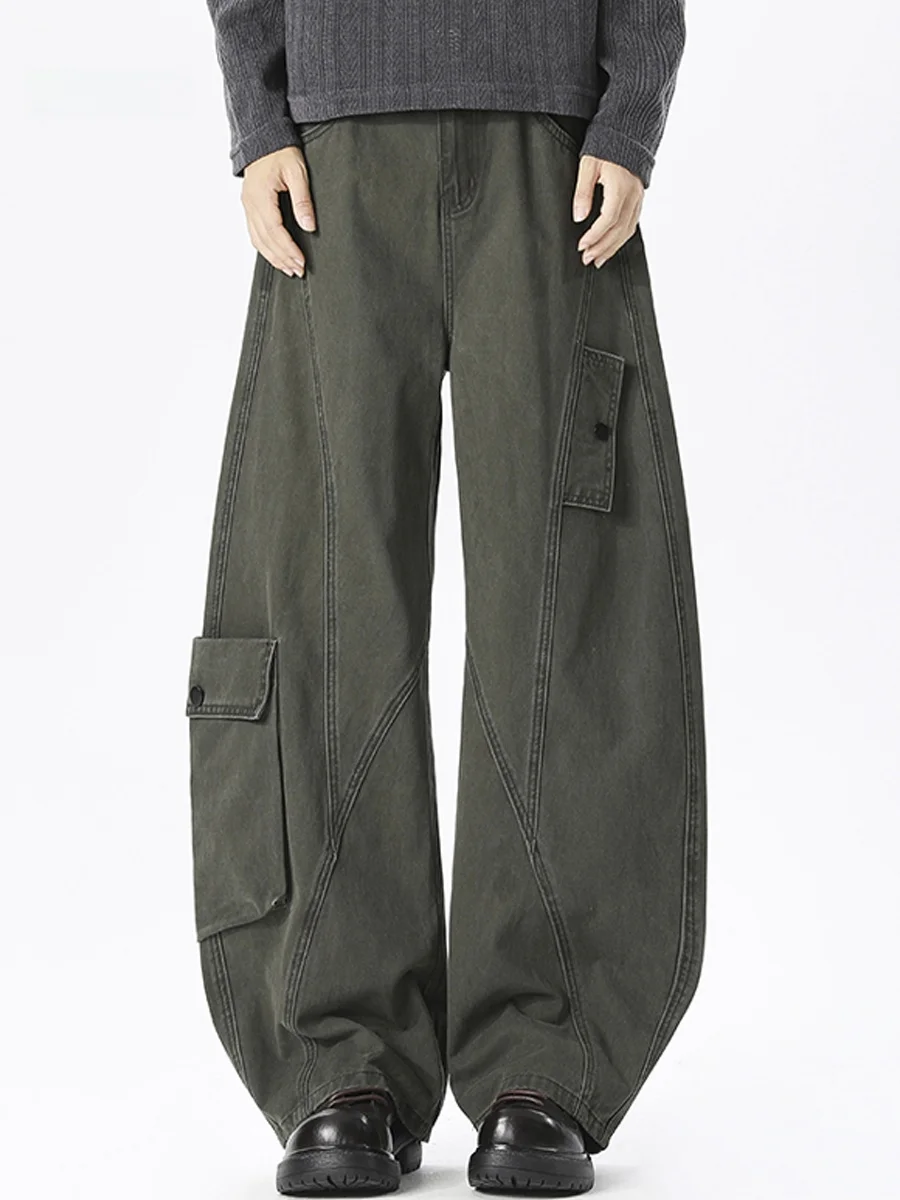 

Мужские рабочие брюки в стиле ретро-милитари, свободные прямые повседневные брюки, осенние модные брендовые широкие брюки с эффектом потертости