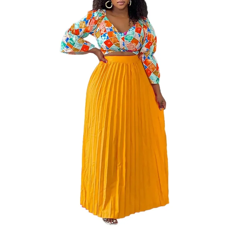 2024 African Clothes for Women Summer Elegant African 3/4 Sleeve Print 2 PCS Top Long Pleat Skirts Matching Sets Africa Clothing