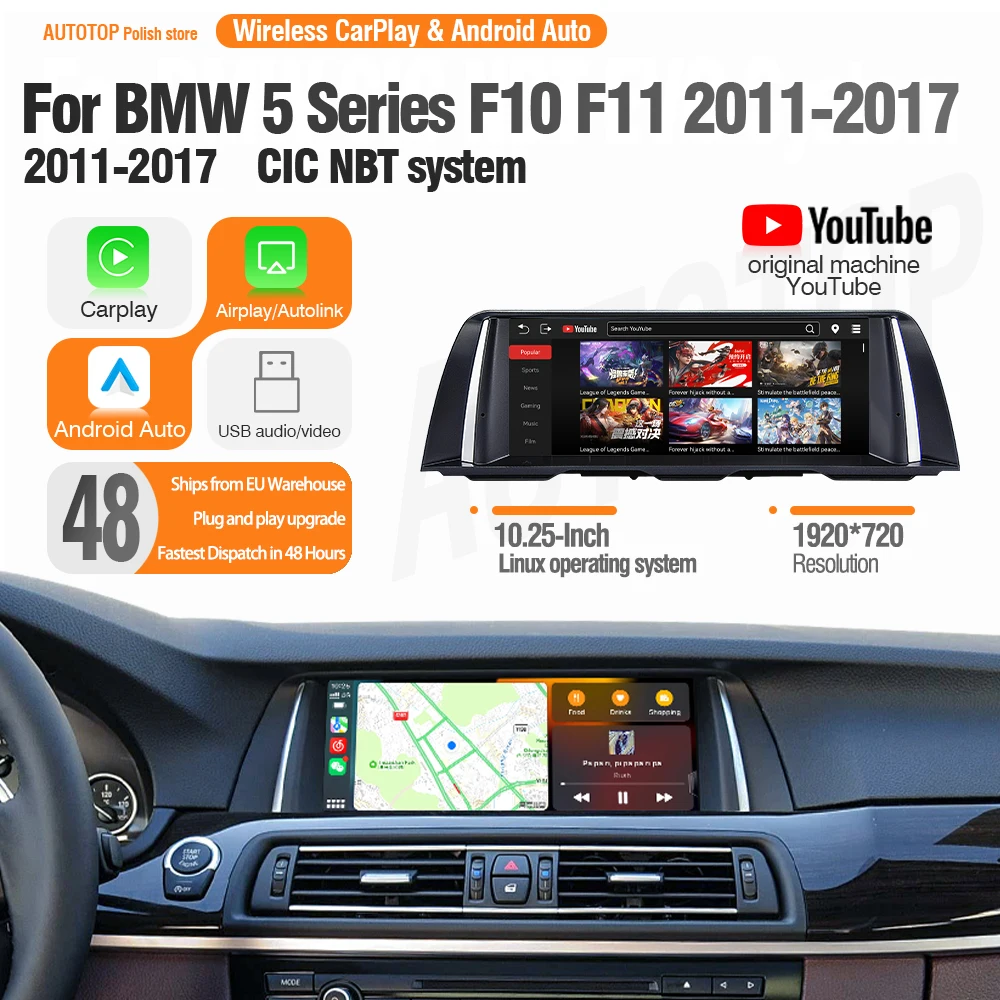 AUTOTOP 10,25-calowy ekran dotykowy Radio samochodowe z systemem multimedialnym do BMW serii 5 F10 F11 2011-2017 z bezprzewodowym CarPlay Android Auto YouTube