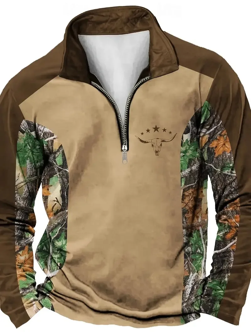 موضة الوقوف طوق الرجال ريترو الثور رئيس ثلاثية الأبعاد طباعة نصف البريدي كم طويل بلوزات خريف شتاء كم طويل البلوز رجل الملابس #1