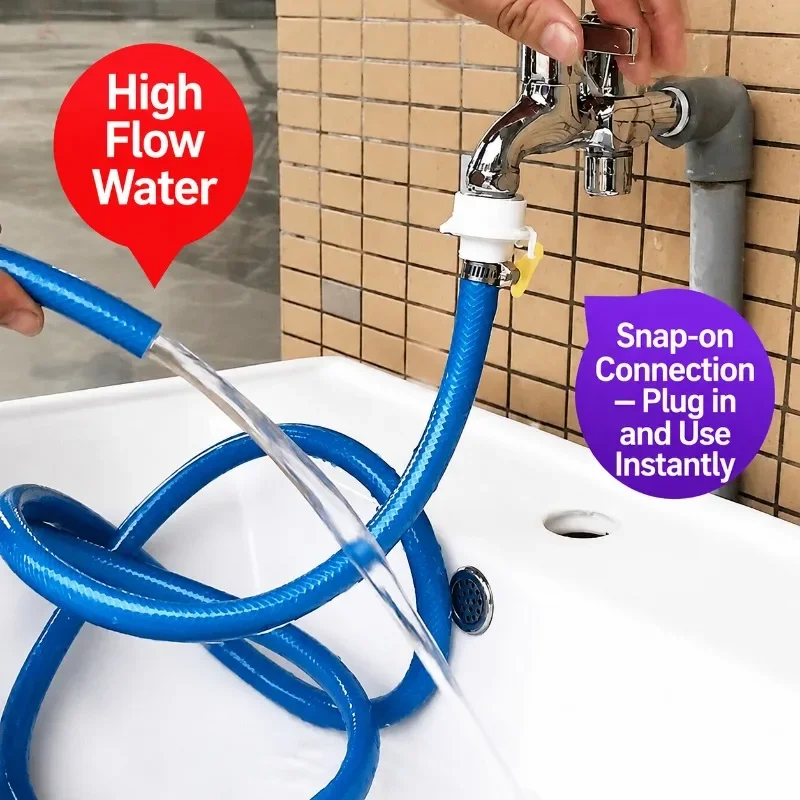 Universal Quick-Connect Faucet Extension Hose, Snap-On Adapter for Mop Bucket, Sink, Garden Watering