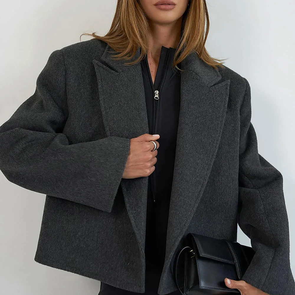 Women Elegant Temperament Short Blazer Coat Gray Cardigan Lace-up Belt Long Sleeve Winter Fashion Jacket Female High Street Coat