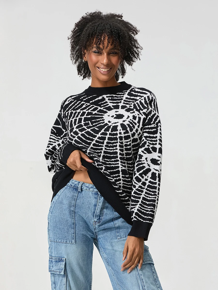 Damen Herren Pullover mit Rundhalsausschnitt, langärmelig, Spinnennetz-Pullover, Strickoberteil für den lässigen Alltag in der Herbstsaison