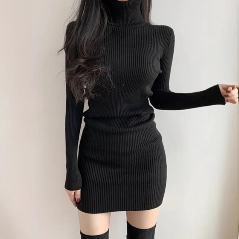 Women Autumn Winter Turtleneck Warm Bodycon Dress Long Sleeve Knit Solid Office Pullover Sexy Mini Dress for Ladies 2025