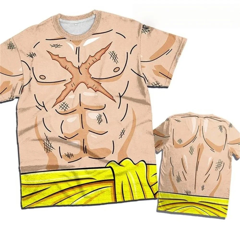One Piece Luffy Scarred Chest 3D Print T-Shirt, Anime Cosplay Costume Tee, Yellow Waistband Funny Casual Top for Fans