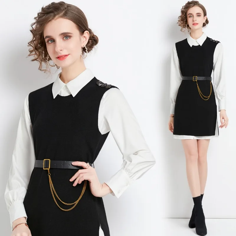 Spring and Autumn New Thin Lapel Long Sleeve Belt Knit Shirt Two-piece Dress