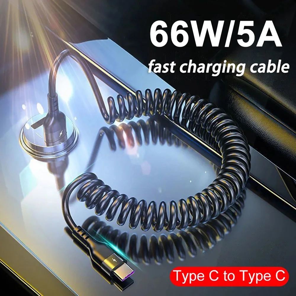 66W 5A Fast Charging Type C Cable Spring Telescopic Car Phone Charger USB Cable USB C Data Cable For Samsung Huawei Xiaomi Redmi