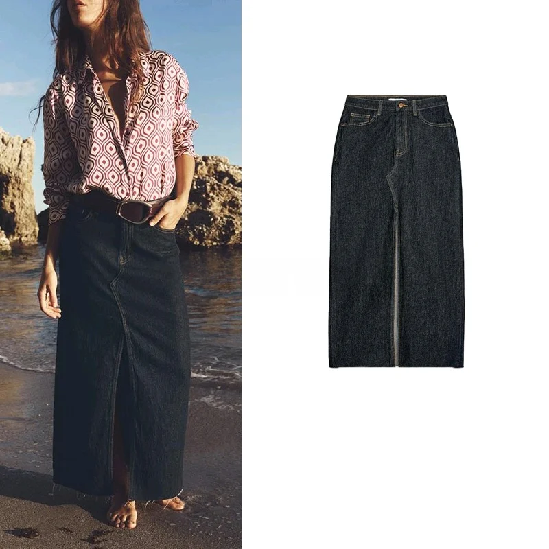 

Новое весеннее поступление, женская повседневная универсальная свободная джинсовая юбка миди с высокой талией в стиле ретро, удобная длинная длинная юбка для поездок на работу, чистая C...