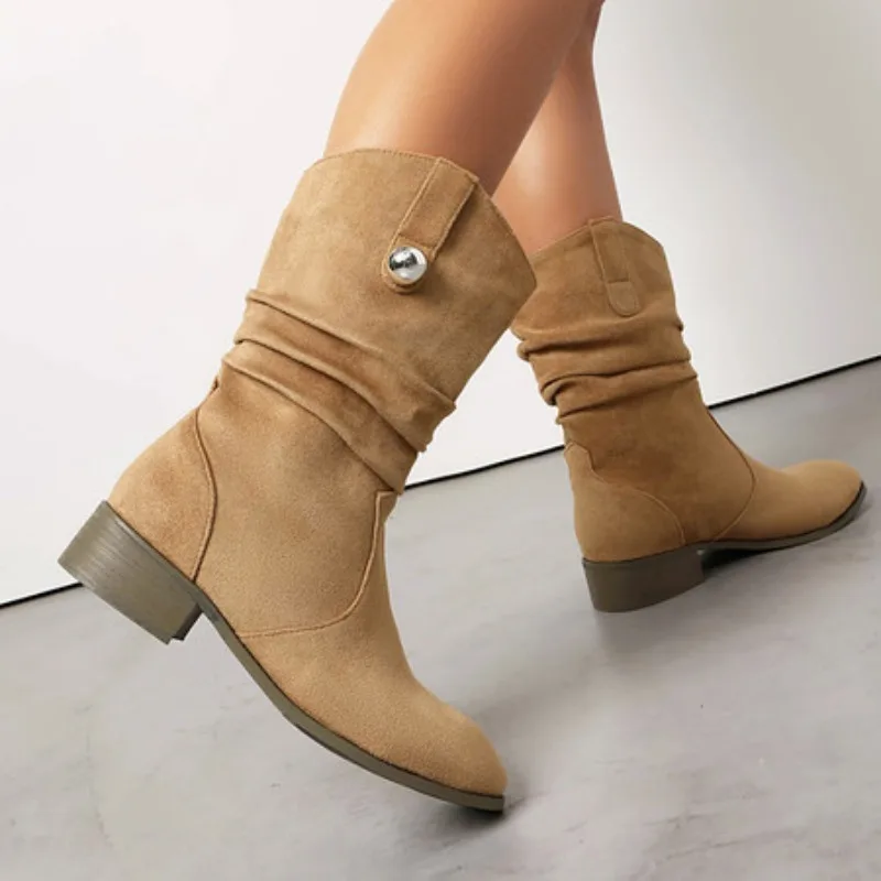 أحذية نسائية موضة رأس مستدير 2025 جديد الخريف والشتاء ريترو كعب منخفض منتصف الساق أحذية نسائية كاجوال