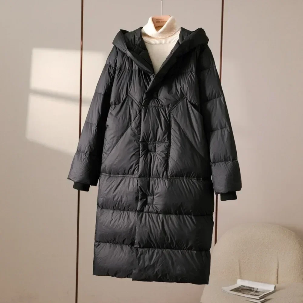 Winter New Puffer Fashion Oversize Hooded Sashes Tie Up Over The Knee Coat Women White Duck Down Jacket Solid Thick Warm Female