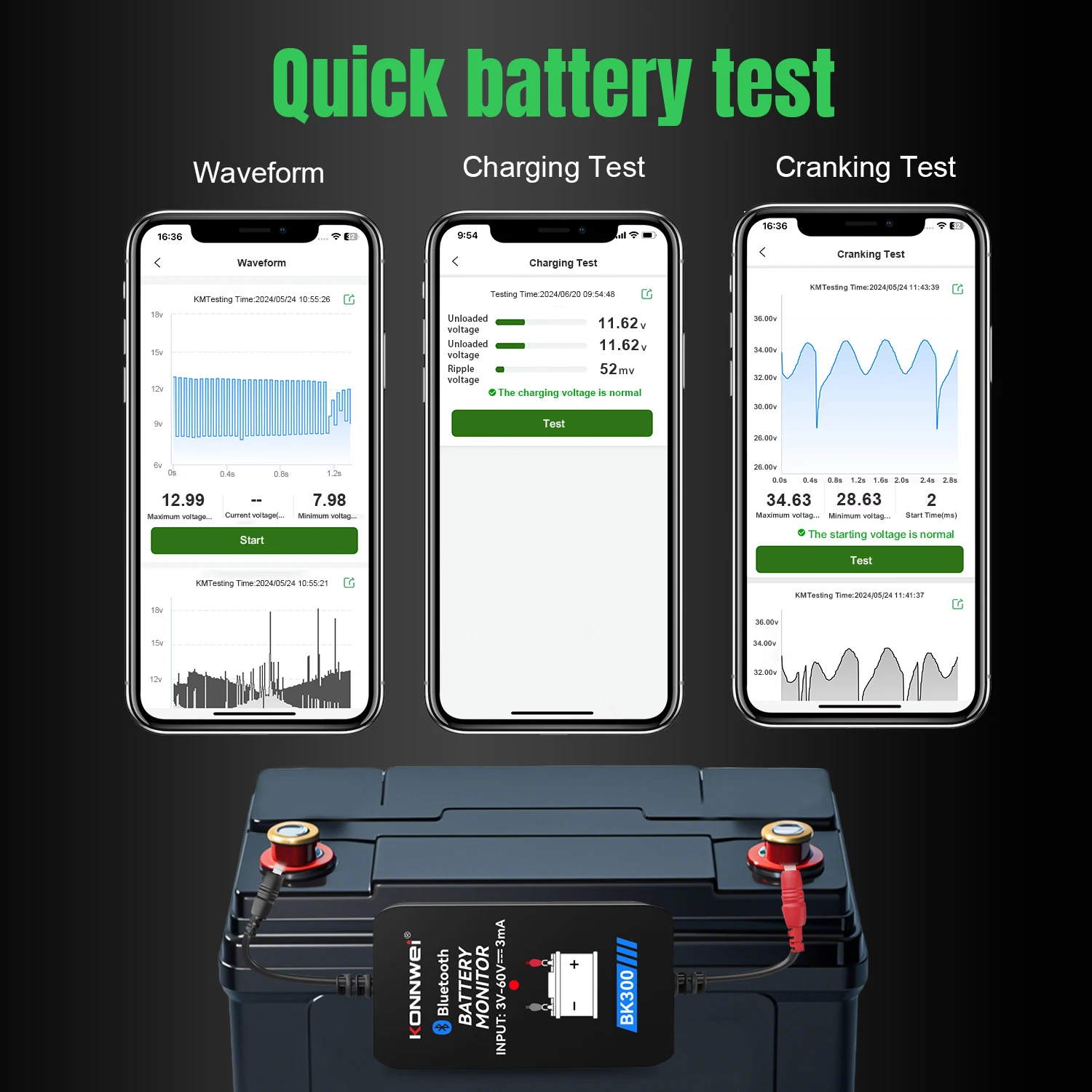 2024 KONNWEI BK300 12V 24V Bluetooth 5.0 Samochodowy tester akumulatorów ciężarowych Monitor przebiegu Ładowanie Narzędzia testowe rozruchu dla ios