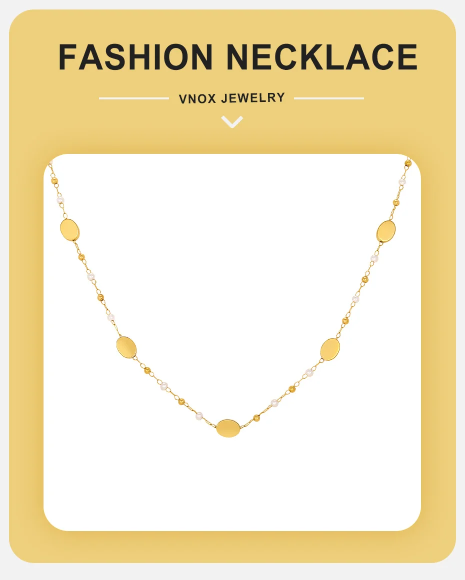 Vnox Minimalistische Stapelbare Halskette und Armbänder mit Imitationsperlen für Damen, Trendiger Edelstahl-Schmuck mit Goldplattierter Ovaler Kette – Detail 7