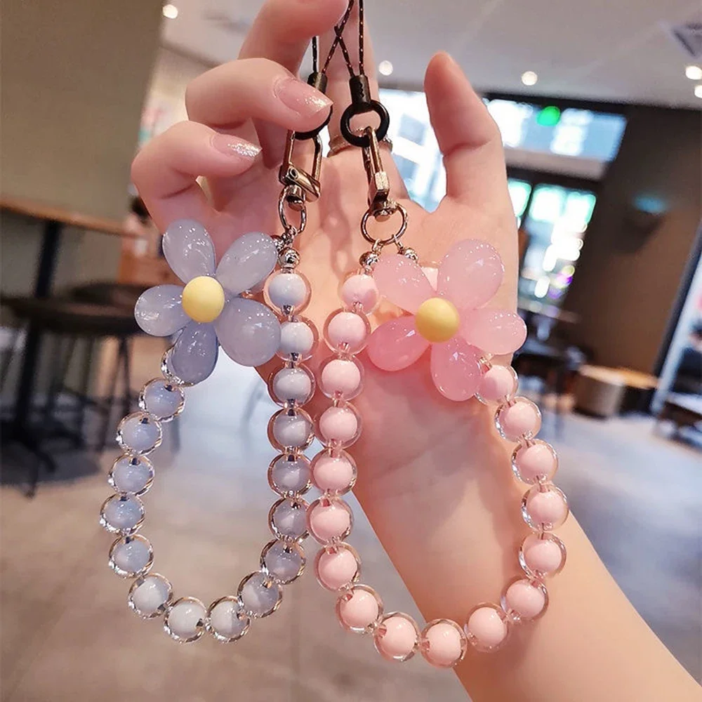 Macaron Color Cell Phone Charm Lanyard Anti-lost Flower Beaded Car Keychain Wrist Strap Hand-held Mobile Phone Case Pendant