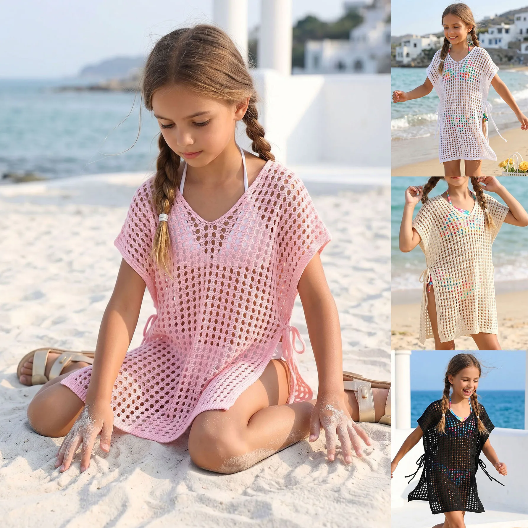 Children's Mesh Hollowed Out Knitted Beach Cover Shirt Girls' V-neck Side Drawstring Swimsuit Vacation Style