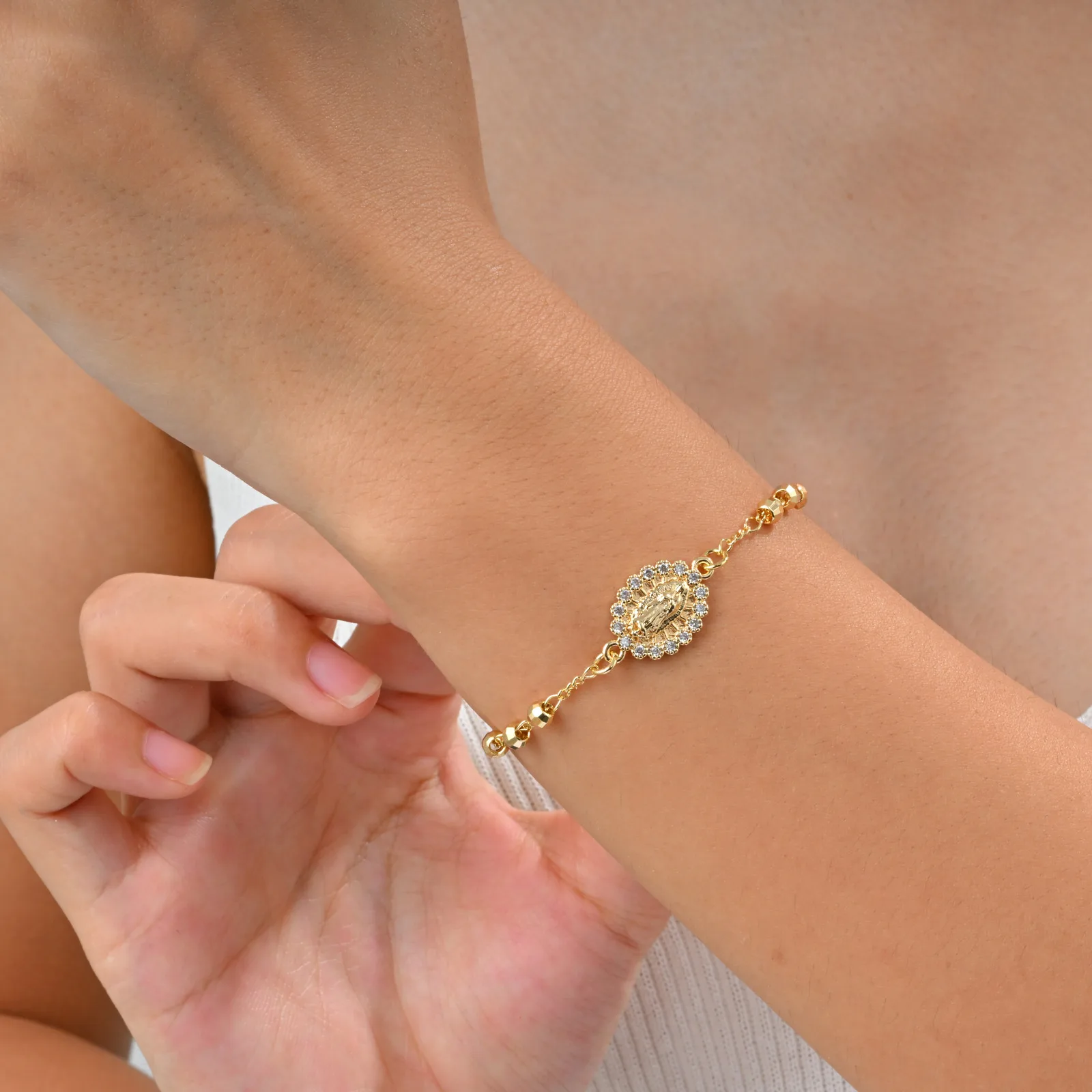 Rosary Virgin Mary Bracelet for Women, 18K Gold Plated Faith Prayer Cross Beaded Chain, Catholic Religious Jewelry Gift