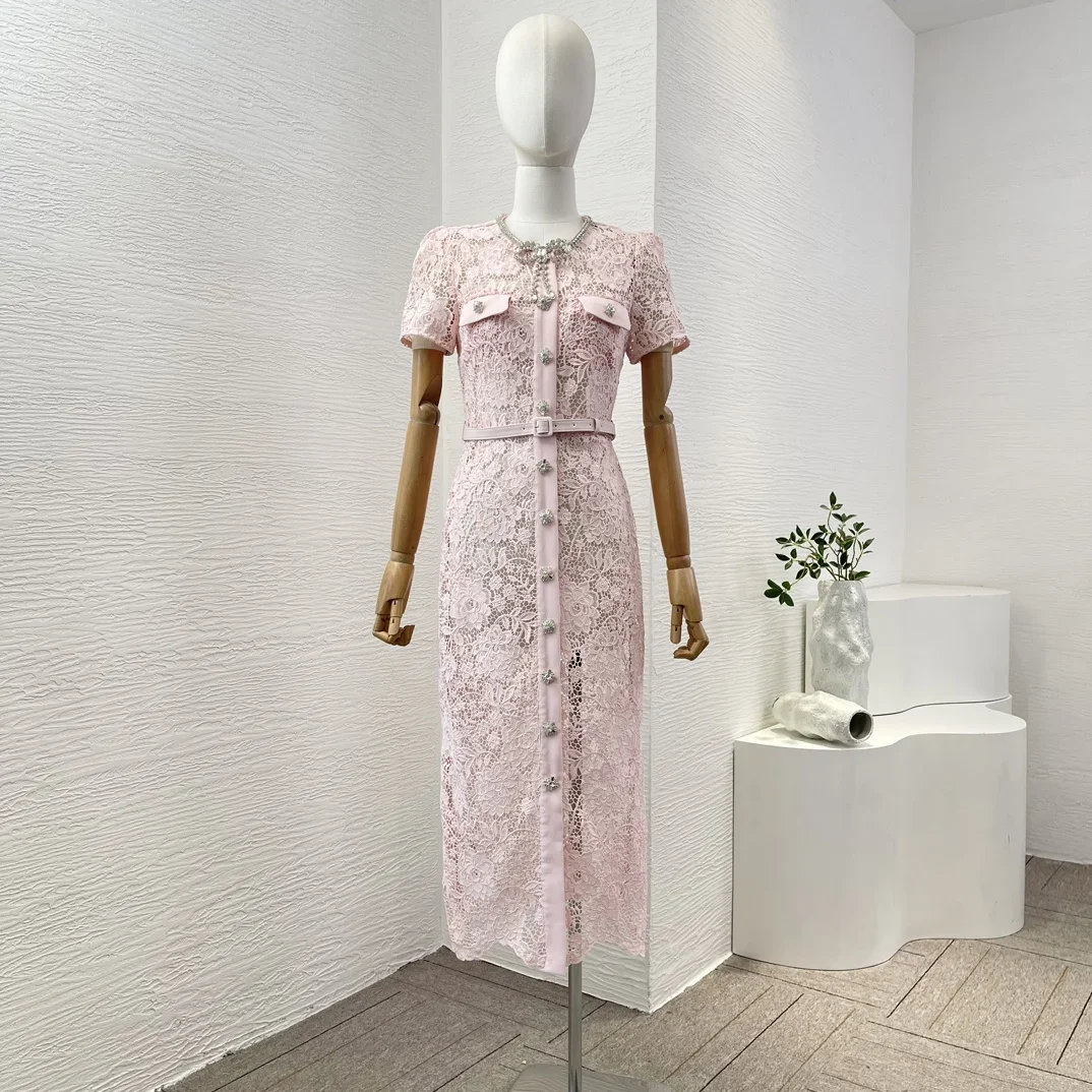 2024 New Women's Pink Short Sleeve Lace Patchwork Hollow Out Front Buttons Closure Self Tie Belt At Waist Midi Dress