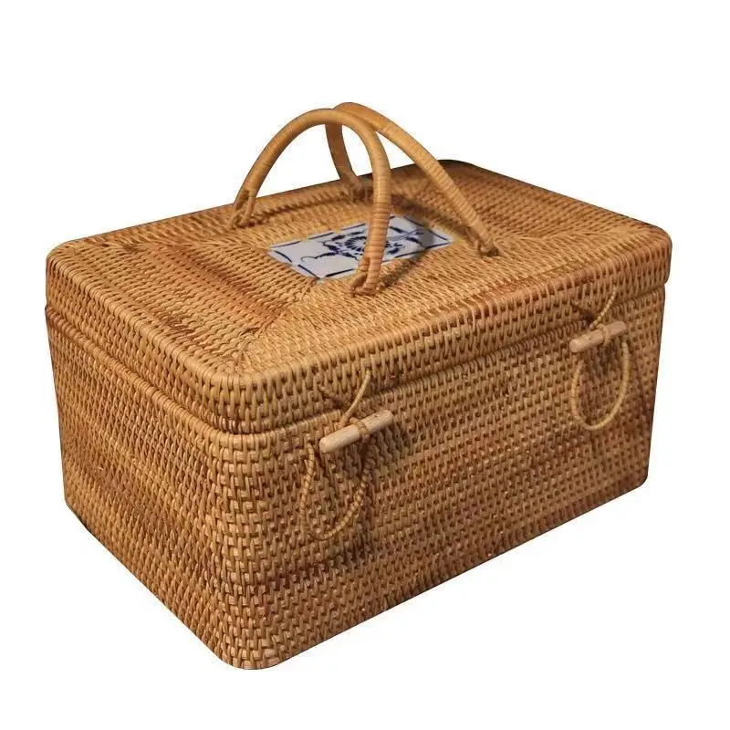 

Vietnamese Rattan Handheld Storage Box, Desktop Country Rectangular Organizer, Double Handle Basket, Multi-Purpose Storage Box