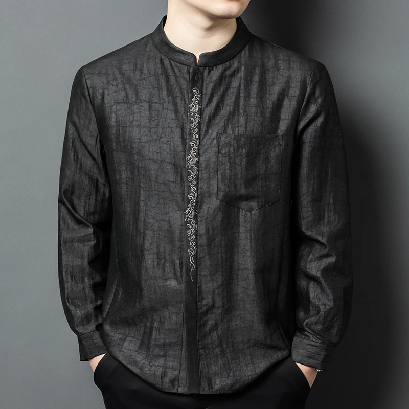

Silk 100% Tang Costume Embroidered Shirts For Men Long Sleeve Gambiered Canton Gauze Top Quality Skin-Friendly Camisas De Hombre