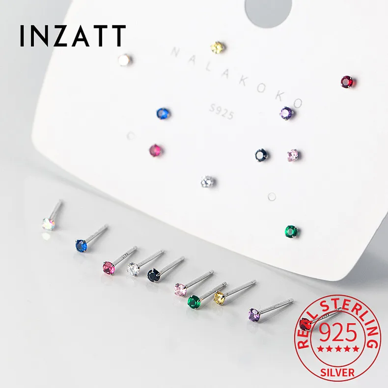 INZATT Real 925 Sterling Silver Tiny Round Single Zircon Ear Piercing Stud Earrings For Fashion Women Party Classic Fine Jewelry