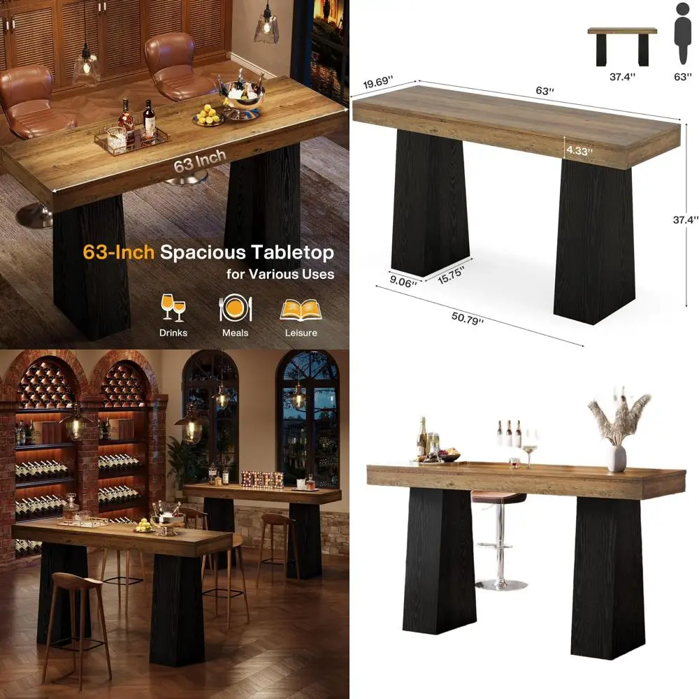 

Деревянный стол-стойка в деревенском стиле, 63 дюйма, для домашнего бара, столовой или гостиной, коричневый и черный