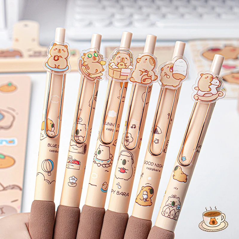 6 Stuks Schattige Kawaii Capybara Gel Pen Sneldrogend Schrijven Gladde Druk Neutrale Pennen Kantoorbenodigdheden Student Briefpapier Geschenken