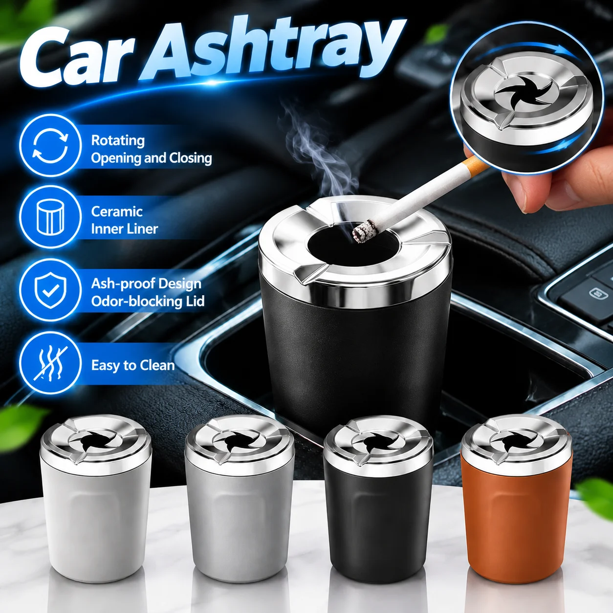 Car Ashtray With Mechanical Rotating Lid Heatproof Ceramic Liner Universal Auto Interior Accessories Anti-Ash Smoke Cup
