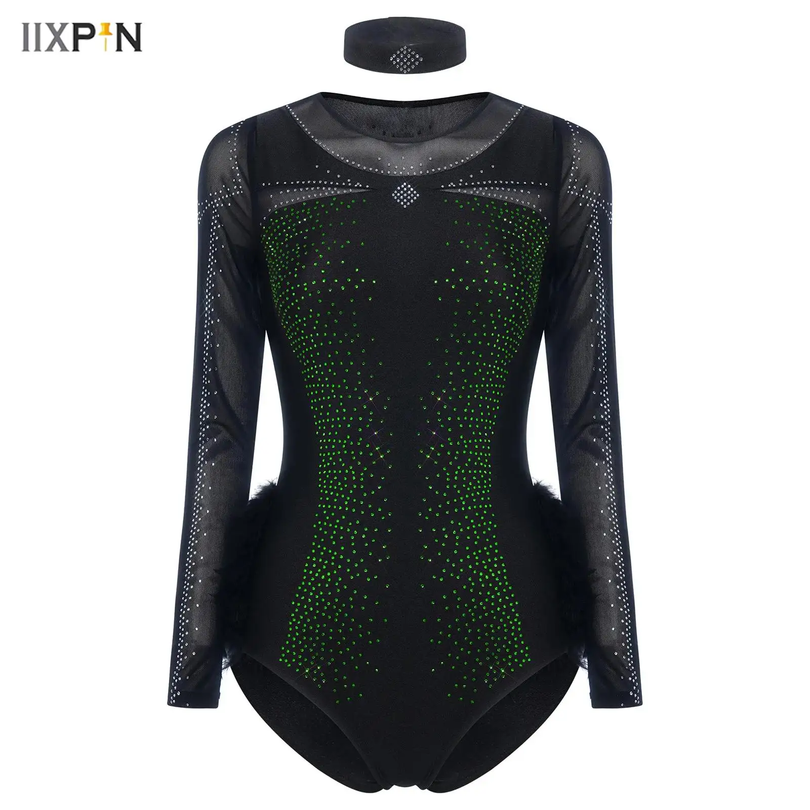 

Womens Figure Skating Feather Leotard Rhythmic Gymnastics Performance Costume Rhinestone Ballet Latin Tango Dance Dancewear