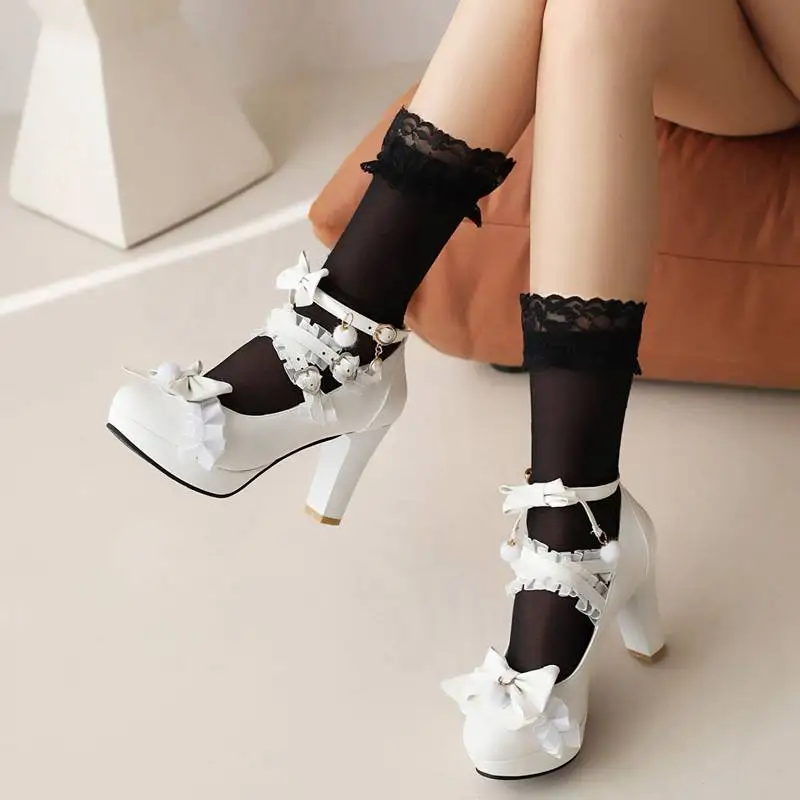 REAVE CAT Design Women Pumps Round Toe Ultrahigh Heel 9cm Buckle Strap Lace Bowknot Sweet Lolita Girls Shoes 44 45 46