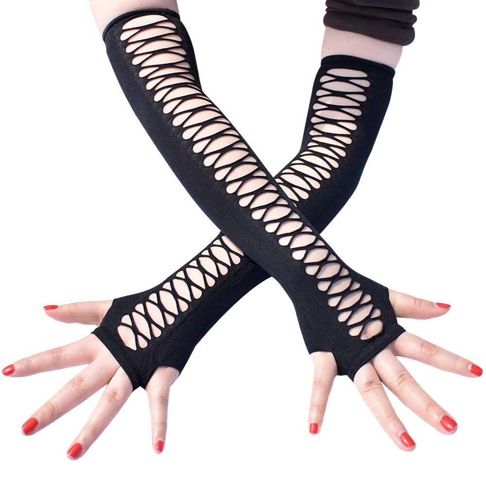 Goth Gloves Cuff Hip Hop Hollow Out Rock Gloves Emo Fingerless Long Gloves Women Elastic Elbow Punk Gloves Dark Cosplay Party