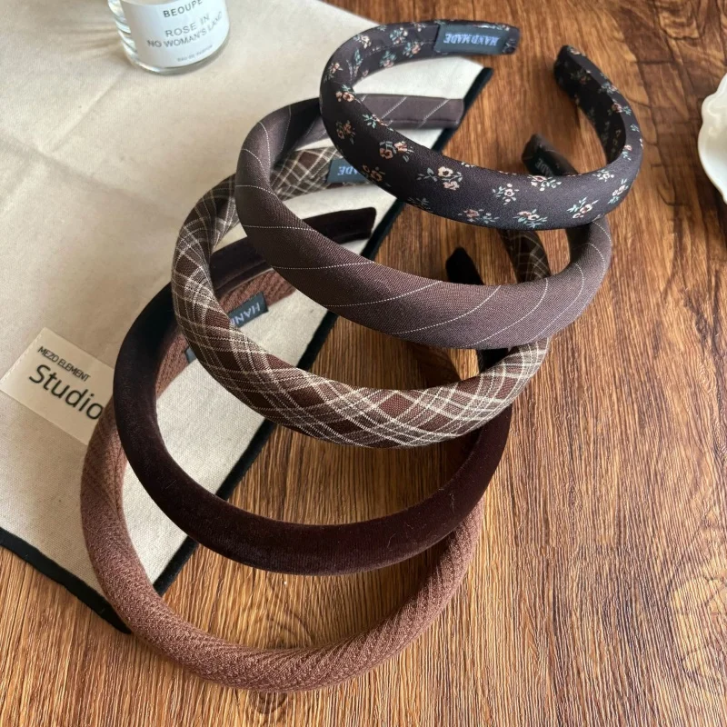 Vintage braune gepolsterte Stirnbänder für Frauen, karierte Blumendruck-Haarbänder, gestrickte Samt-Haarreifen, schlichte Stirnbänder, Zubehör, 1 Stück – Detail 6