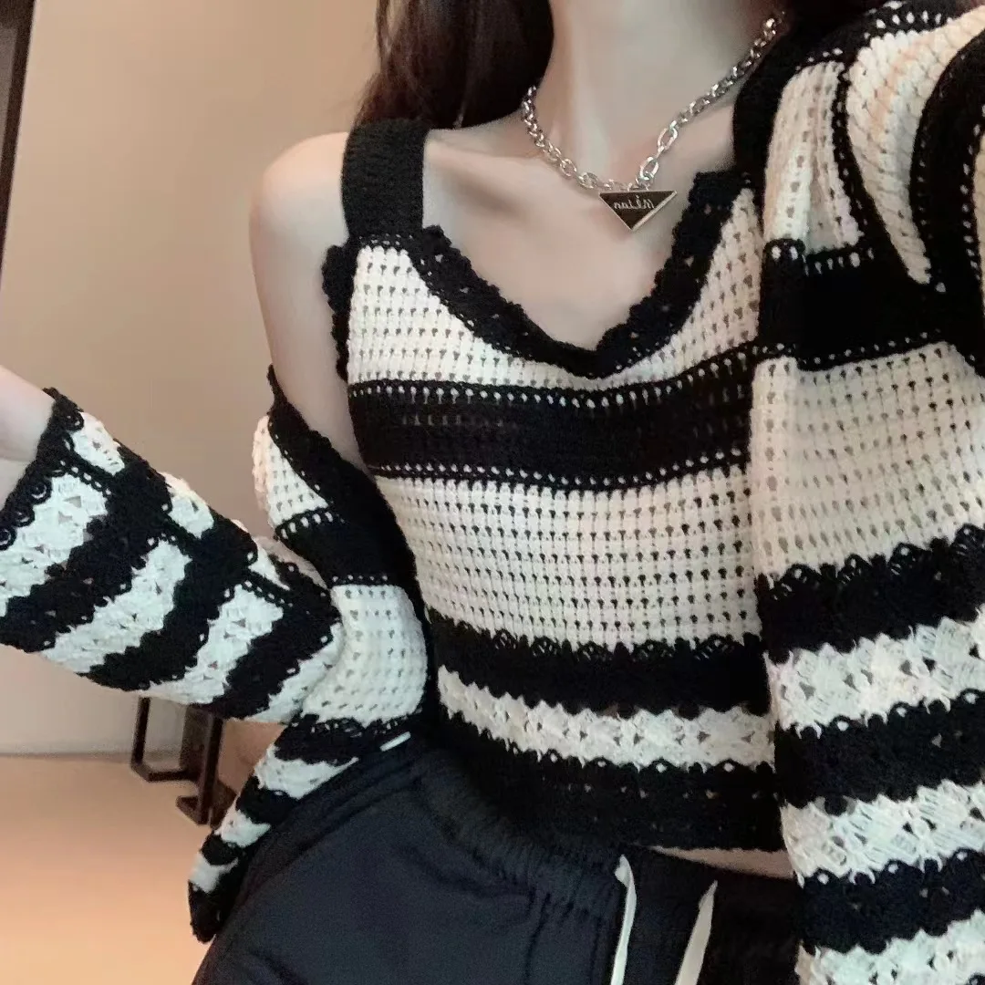 

Black White Striped Women Knit Cardigan Two-piece Coat Women Suit with Suspenders Women Clothing Hollow Out Blouse Women