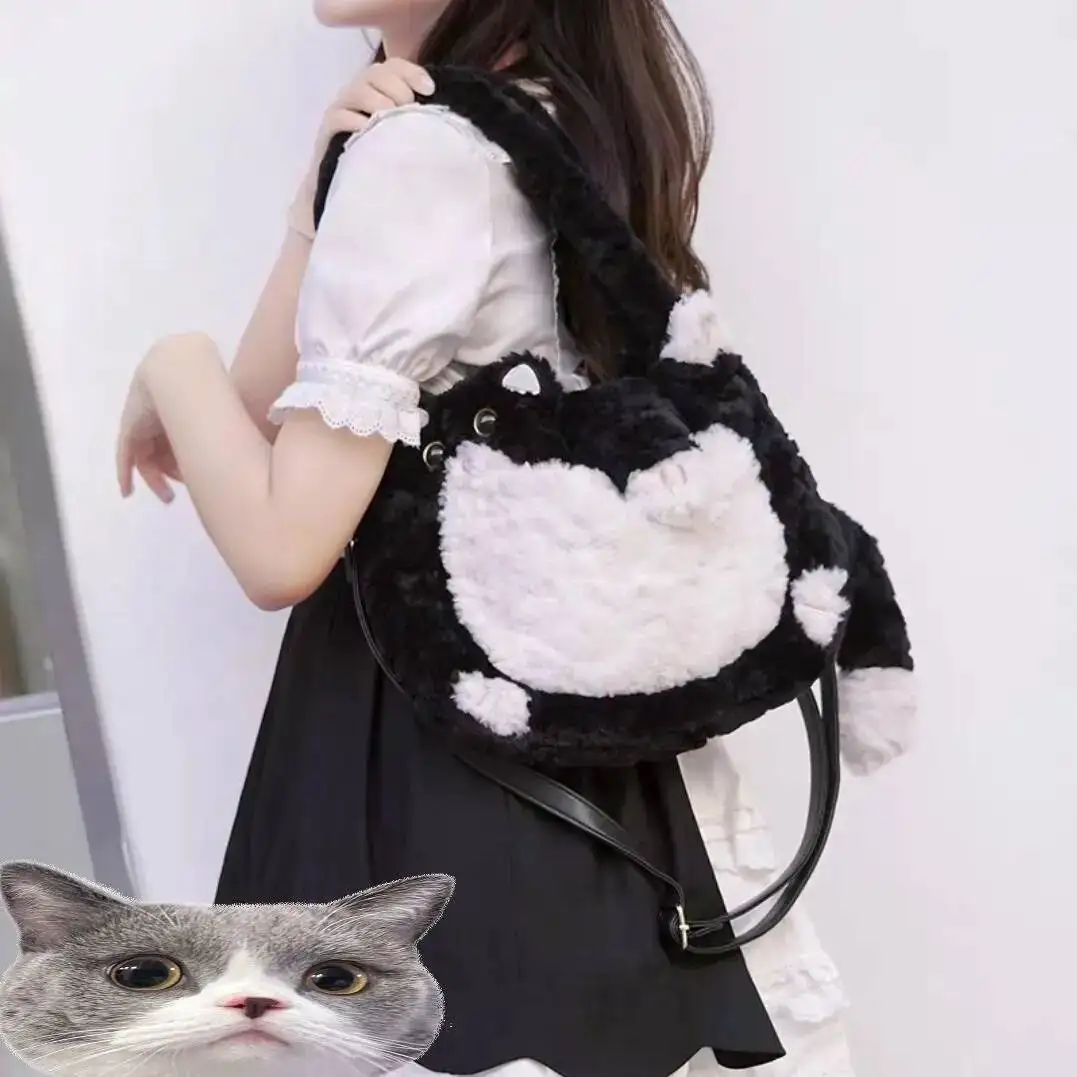 Bloom Sweet Cute Cat Black White Shoulder Women Haruku Aesthetic Plush Y2k Crossbody Bags Girl Large Capacity Tote Bag