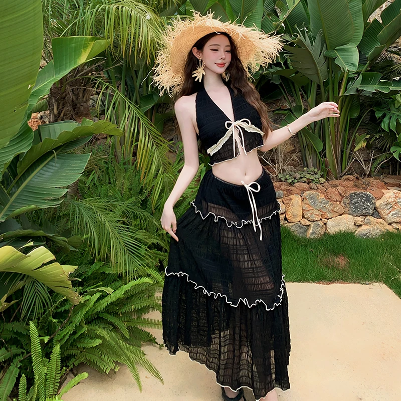 女性用水着 パッド入り 3 ピース ホルター水着 ロング水着 女性 ショーツ付き タンキニ ビーチドレス 水着 プール スパ