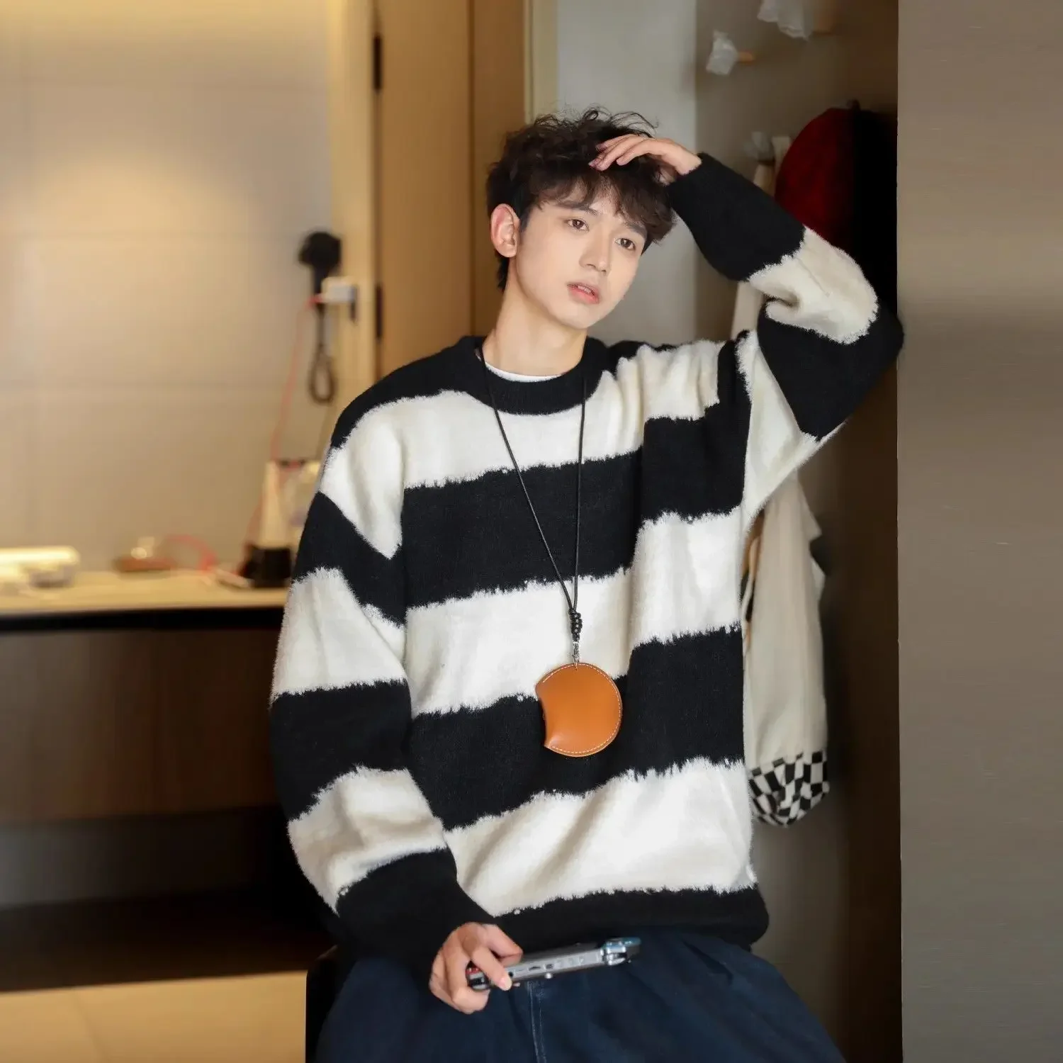 Zebra Stripe Japanese Personalized Contrast Color Sweater for Men and Women Couple Dress Lazy Loose Round Neck Coat Knitted Top