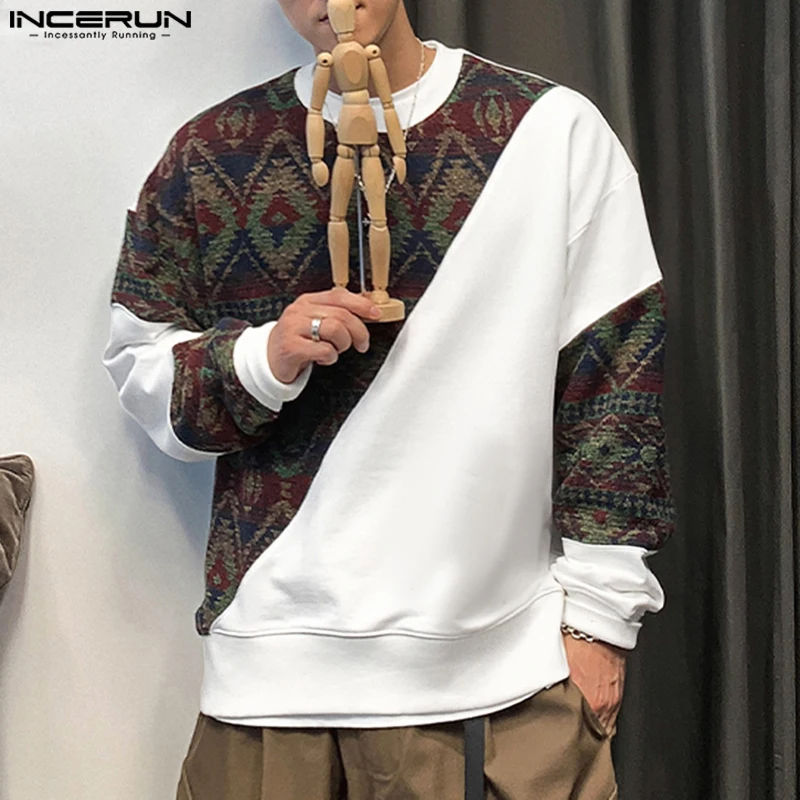 2024 Korean Fashion Long Sleeve Hoodies INCERUN Men Casual Round Neck The national Style Sweatshirts Loose Patchwork Pullovers