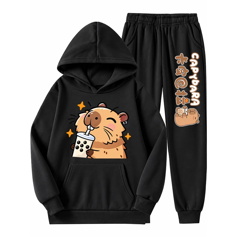 Cute Capybara Drinking Bubble Tea Kids Hoodie Sweatpants Set Cartoon Capybara Graphic 2Pc Outfit Hooded Tracksuit for Boys Girls