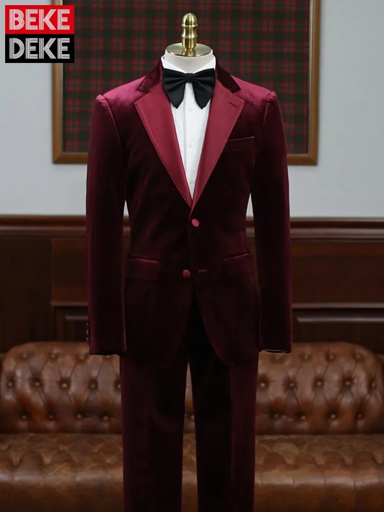 

Men Spring Autumn Business Formal Velvet Patchwork Blazers Suits Host Stage Banquet Suit Outfits Full Length Pant Two-Piece Set