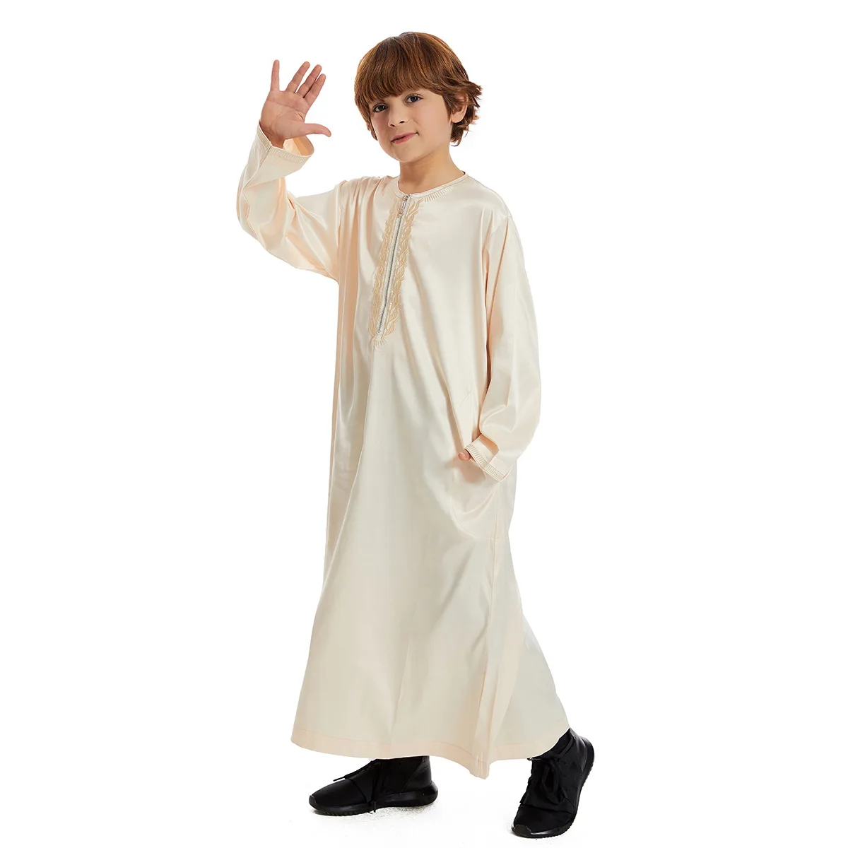 Muslim Kids Boys Jubba Thobe Solid Half Zipper Abaya Arabic Islamic Middle Eastern Teen Long Sleeve Robe Ramadan Daffah Clothing